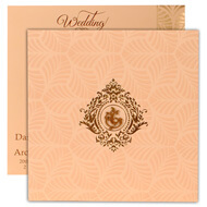 Peach theme Hindu wedding cards with Ganesha & Self embossed design
