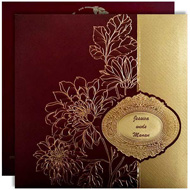 Gold Burgundy theme wedding cards with floral design, Indian wedding invitations